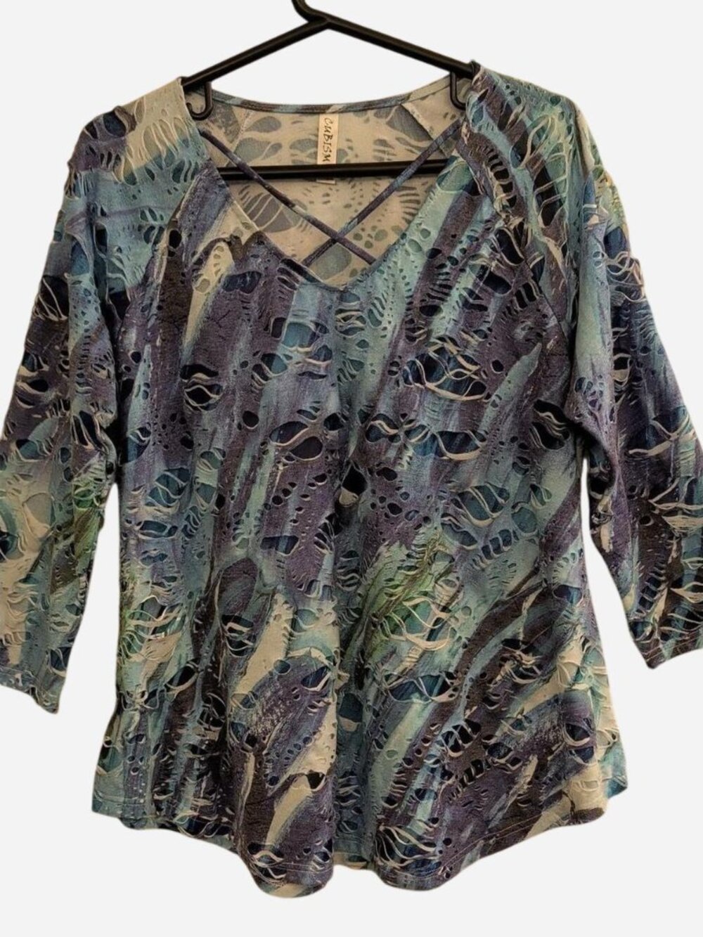 Cubism Blue Abstract Print Cutout V-Neck Top 3/4 Sleeve Size L